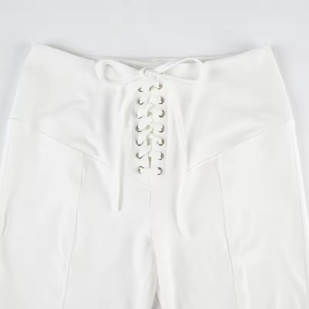 Holiday Solid Lace Trim Bandage Knee LengthPants Sweet Slim Mid-Waisted Pants - Picture 5 of 5